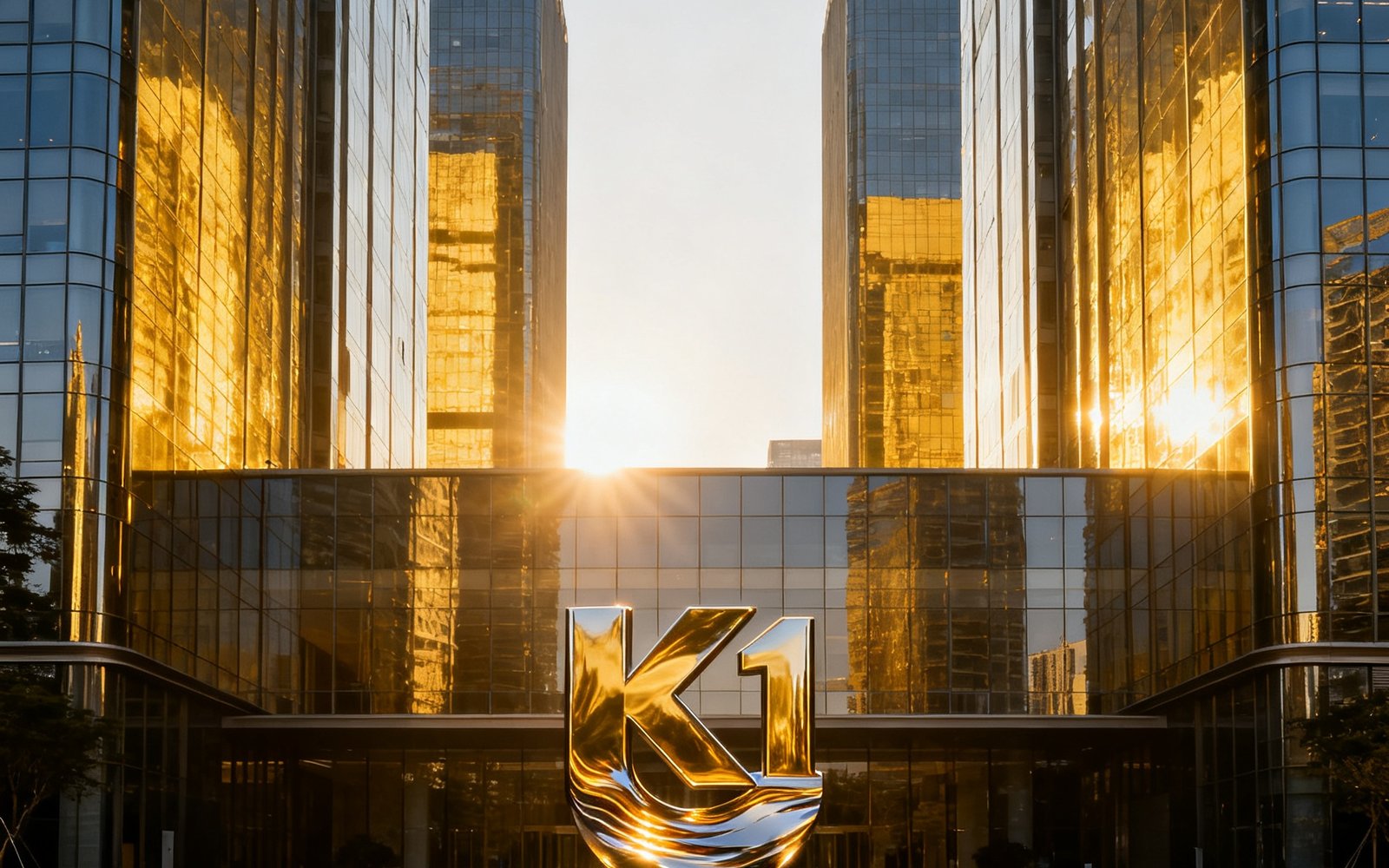 k1集团深圳总部大楼外景，现代化玻璃幕墙建筑，楼前广场上树立着集团标志性雕塑，阳光洒落展现企业蓬勃气象