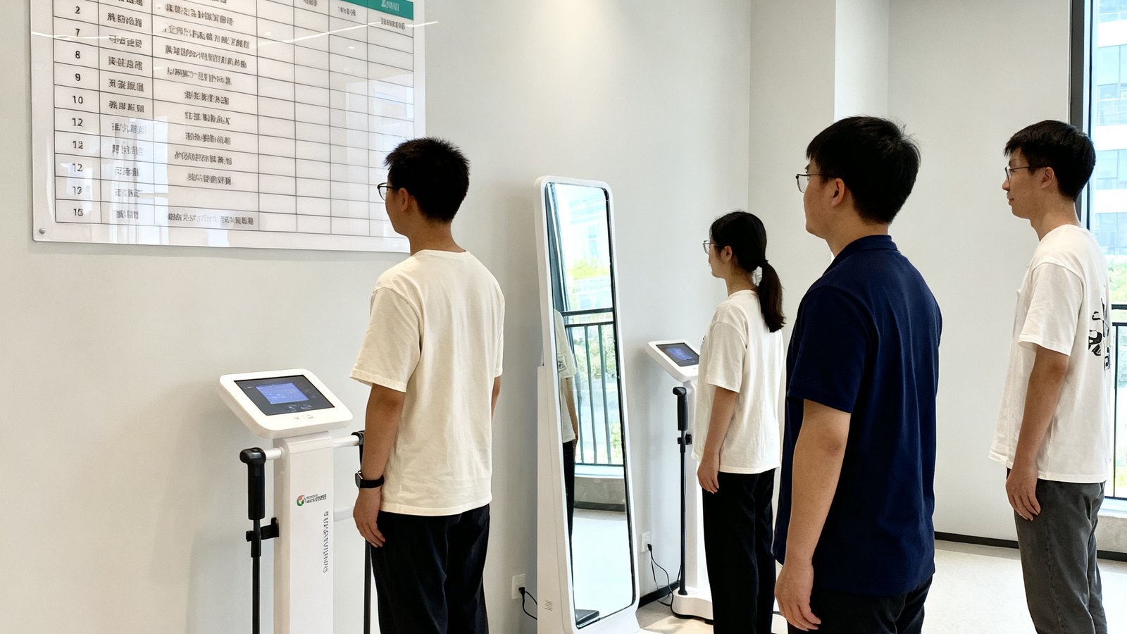 杭州某企业园区健康驿站内部，员工正在体测区进行体态分析检测，墙面上展示着月度健康课程安排表