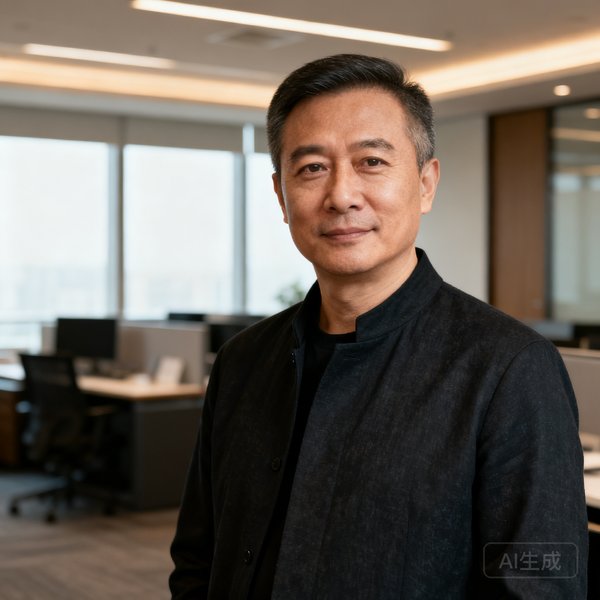 周凯，k1集团创始人兼首席执行官，中年男性，身穿深色商务休闲装，背景为集团办公室，神情坚定而温和