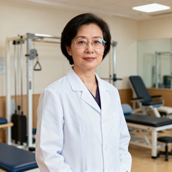 林薇，首席康复医学顾问，女性，身穿白色医疗工作服，佩戴眼镜，背景为康复治疗室，气质专业干练