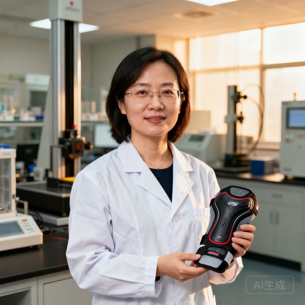 苏敏，研发中心负责人，女性，身穿实验室白大褂，手持运动护具样品，背景为材料测试实验室